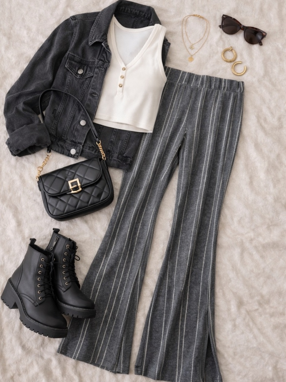 Shosho Charcoal and White Striped Flare Leggings